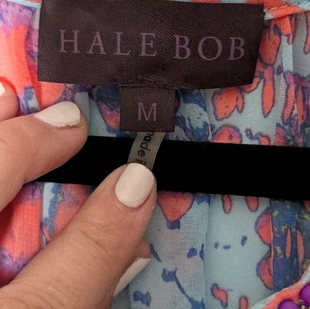 Hale Bob Silk Blend Printed Tunic Top Beaded Neck Boho Resort Medium - Picture 4 of 5